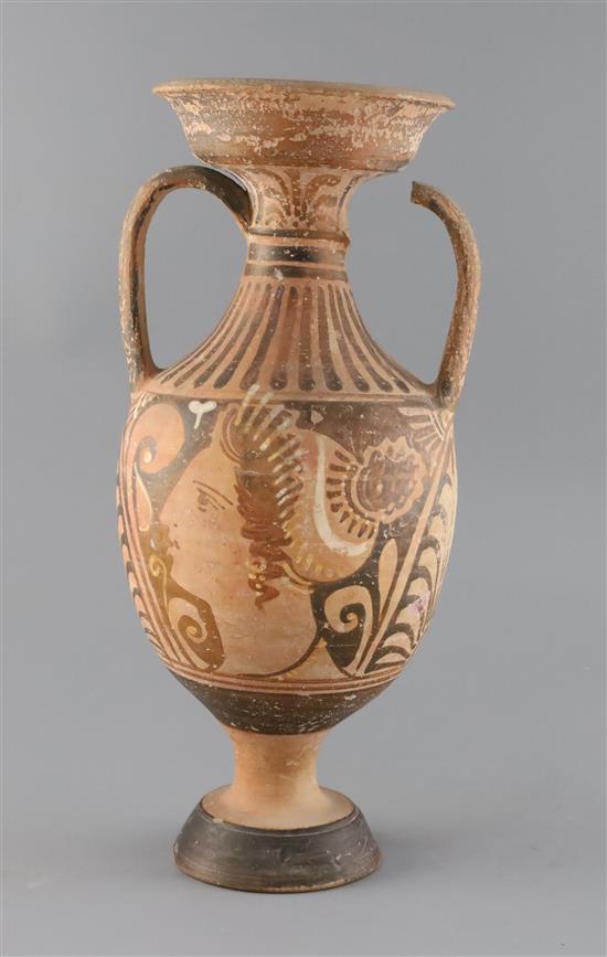 An Apulian red-figure pottery amphora, Southern Italy, 4th century B.C., part of one handle lacking